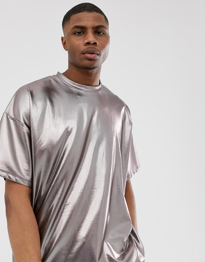 Asos Design Oversized T-shirt In Gunmetal Metallic-silver