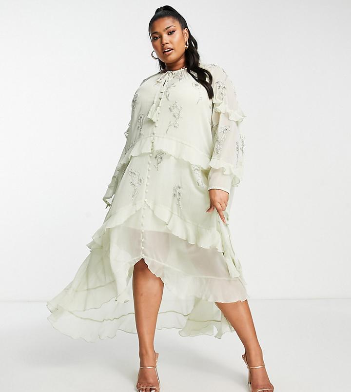 Asos Design Curve Ruffle Midi Dress With Floral Embellishment And Tie Details-green