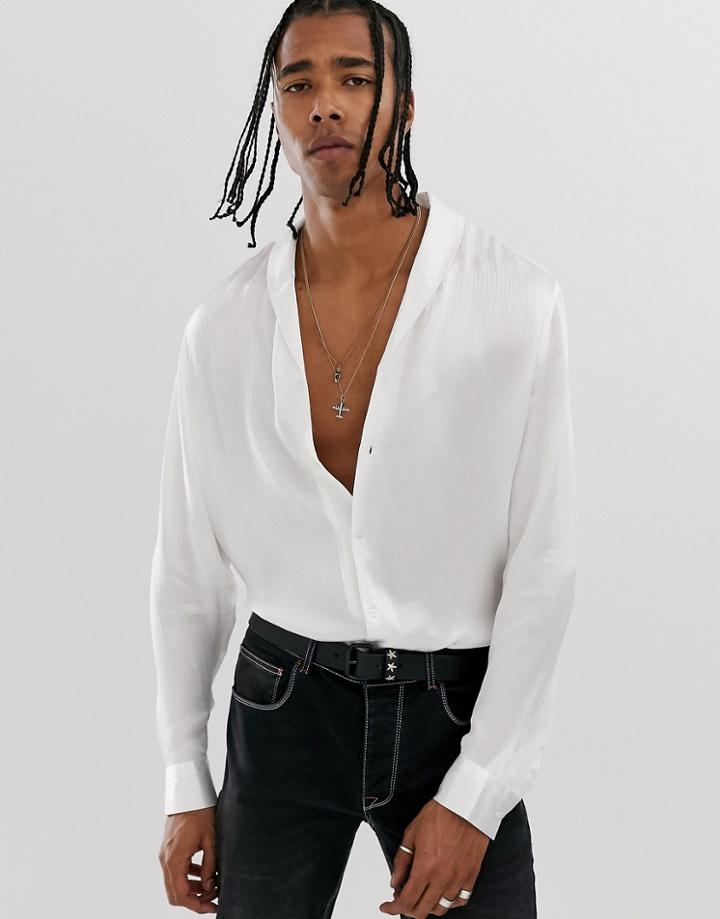 Asos Design Regular Fit Shawl Neck Satin Shirt In White - White