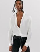 Asos Design Regular Fit Shawl Neck Satin Shirt In White - White
