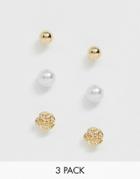 Asos Design Pack Of 3 Stud Earrings With Pearl And Rose In Gold Tone - Gold