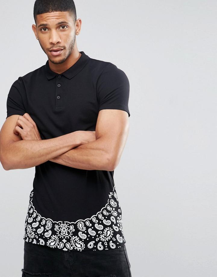 Asos Longline Muscle Polo Shirt With Bandana Hem Print - Black