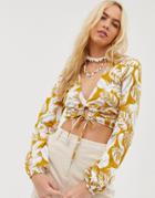 Asos Design Two-piece Top With Blouson Sleeve And Tie Front In Palm Print - Multi