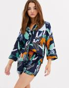 Asos Design Botanical Tiger Shirt & Short 100% Modal Pyjama-blue