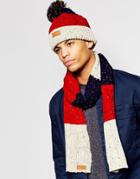 7x Cable Bobble Hat And Scarf Set In Color Block Stripe - Blue