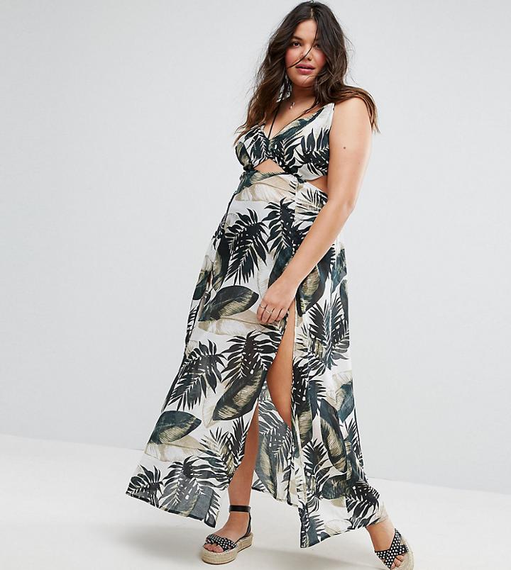 Asos Curve Beach Maxi Dress With Strap Detail In Palm Print - Multi