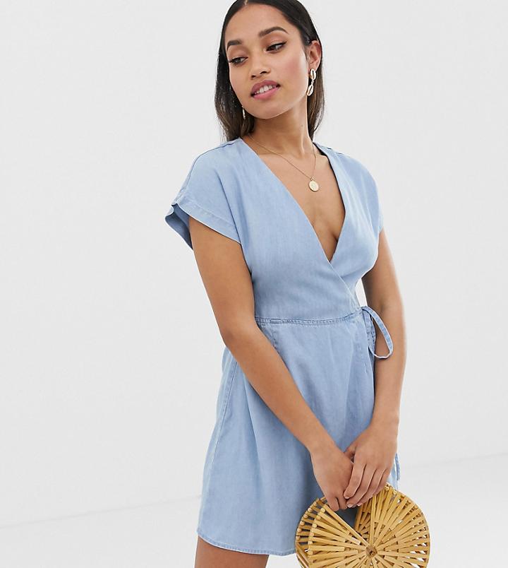 Asos Design Petite Denim Wrap Dress In Lightwash Blue