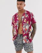 Asos Design Regular Fit Shirt In Floral Print In Red - Red