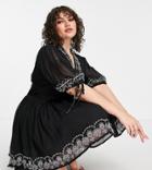 Asos Design Curve Embroidered Collar Mini Dress With Tie Sleeve In Black