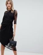 Asos Design Lace Mix Twist Front Midi Dress - Black