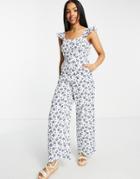 Miss Selfridge Cotton Flax Frill Strap Jumpsuit In Ivory Ditsy-white