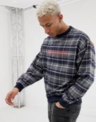Asos Design Check Sweatshirt With Contrast Back And Text Slogan Print - Navy