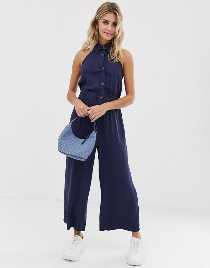 Asos Design Button Front Collar Culotte Jumpsuit-navy