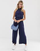 Asos Design Button Front Collar Culotte Jumpsuit-navy