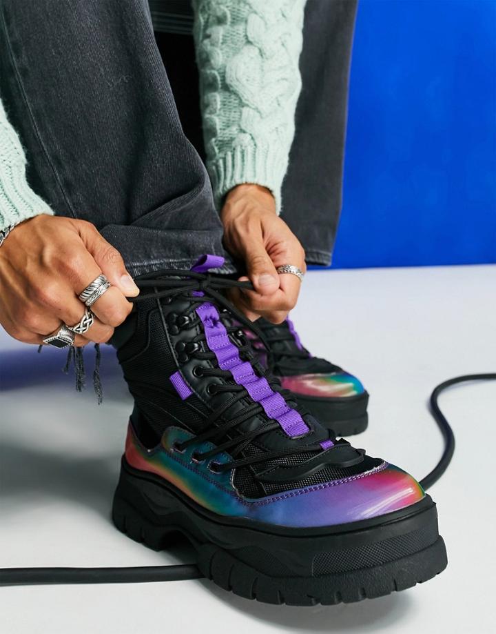 Asos Design Chunky Sole Lace Up Boot In Black Mesh With Iridescent Panel Detail
