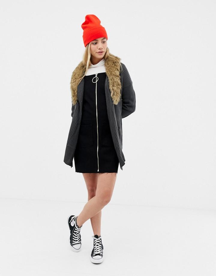 Brave Soul Hawk Cardigan With Detachable Fur Collar - Gray