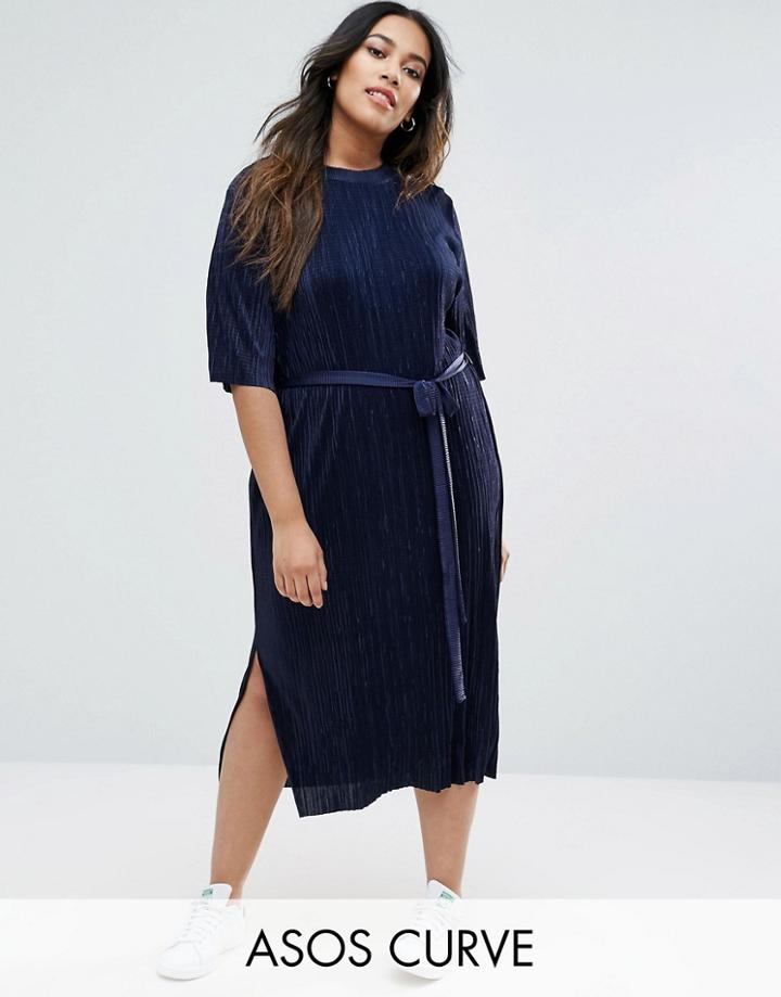 Asos Curve Plisse Pleated Column Dress - Navy