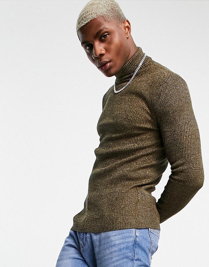 Asos Design Muscle Fit Ribbed Roll-neck Sweater In Tan-brown