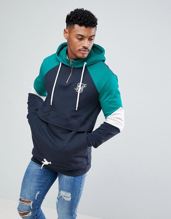 Siksilk Retro Hoodie In Navy With Half Zip - Navy