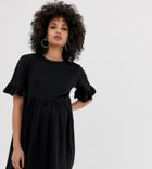 Asos Design Maternity Cotton Slubby Frill Sleeve Smock Dress-black
