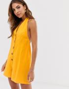 Asos Design Halter Neck Button Through Romper In Self Stripe - Yellow