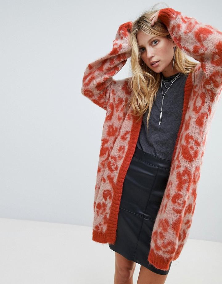 Religion Oversized Cardigan In Fluffy Leopard Knit - Orange