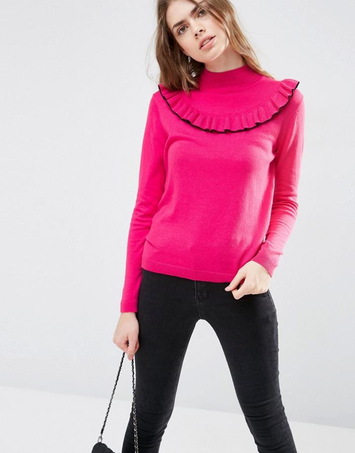 Asos Sweater With Ruffle Front - Pink