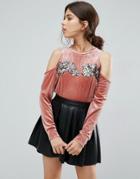 Love & Other Things Cold Shoulder Velvet Sweatshirt With Embellished Detail - Pink