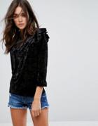 Blank Nyc Velvet High Neck Top With Ruffle Detail - Black