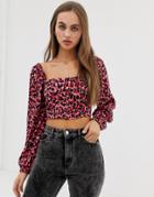 Pull & Bear Square Neck Blouse In Pink Leopard Print - Pink