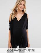 Asos Maternity Petite Oversized Cold Shoulder Top With Asymmetric Hem - Black