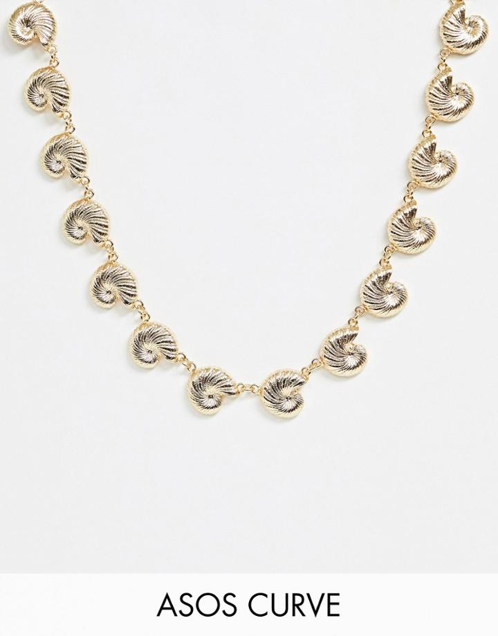 Asos Design Curve Necklace With Metal Shell Pendants In Gold Tone - Gold