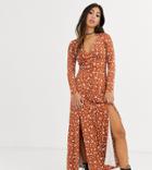 Asos Design Petite Long Sleeve Button Through Maxi Tea Dress With Splits In Ditsy Print