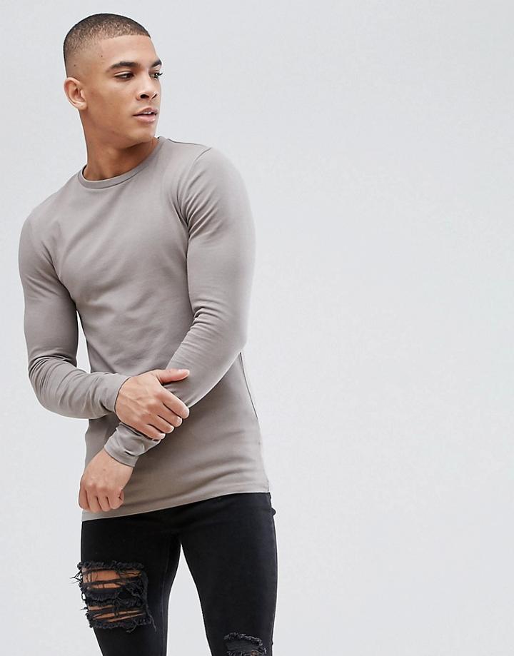 Asos Muscle Fit T-shirt With Long Sleeves In Beige - Brown