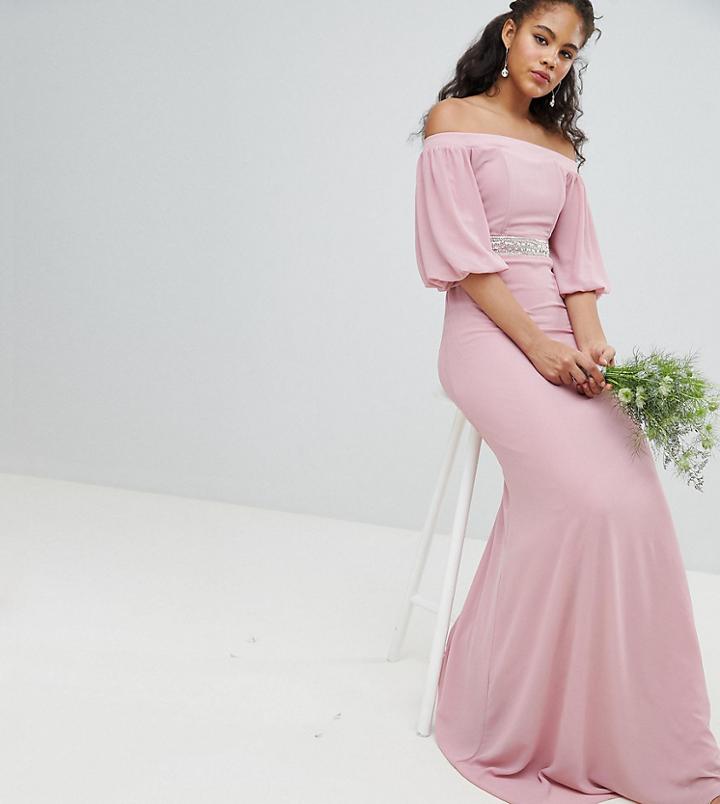 Tfnc Tall Bardot Maxi Bridesmaid Dress With Sleeve Drama And Embellished Waist - Pink