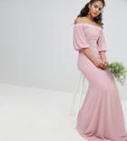Tfnc Tall Bardot Maxi Bridesmaid Dress With Sleeve Drama And Embellished Waist - Pink