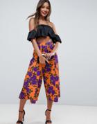 Asos Cropped Wide Leg Pants With Flowing Hem In Orange Floral Print - Orange