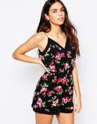 Ax Paris Strappy Romper In Rose Print - Black