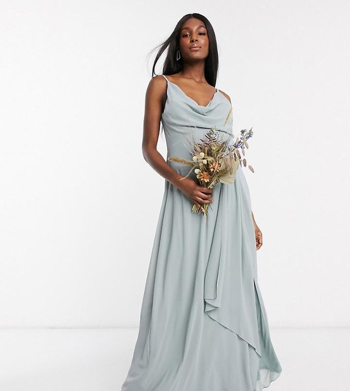 Tfnc Maternity Bridesmaid Cowl Neck Cami Strap Maxi Dress With Train In Sage-green
