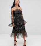 John Zack Petite Long Sleeve Cold Shoulder Metallic Star Print Midi Dress With Thigh Split-black