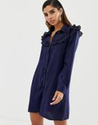Liquorish Shirt Dress With Ruffle Bib Detail-navy