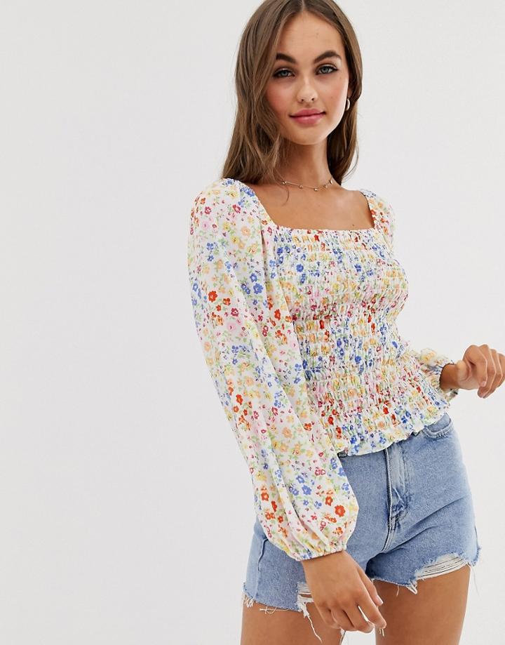 Asos Design Shirred Crop Top With Long Sleeve In Ditsy-multi
