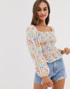Asos Design Shirred Crop Top With Long Sleeve In Ditsy-multi