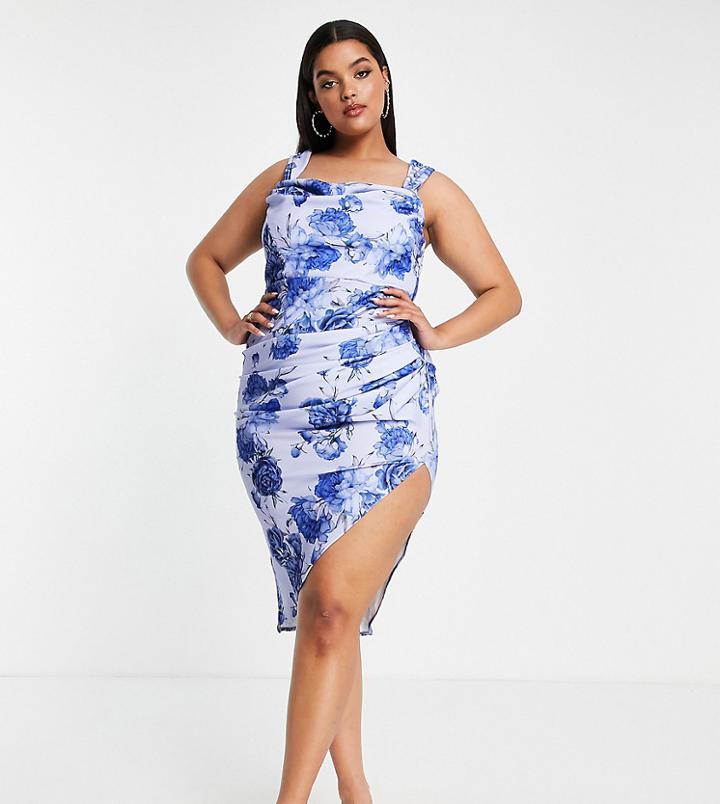 Asos Design Curve Cowl Neck Pencil Midi Dress In Blue Floral-multi