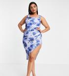 Asos Design Curve Cowl Neck Pencil Midi Dress In Blue Floral-multi