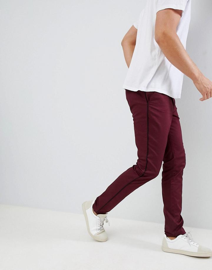 Asos Design Skinny Pants In Burgundy With Black Side Piping - Red