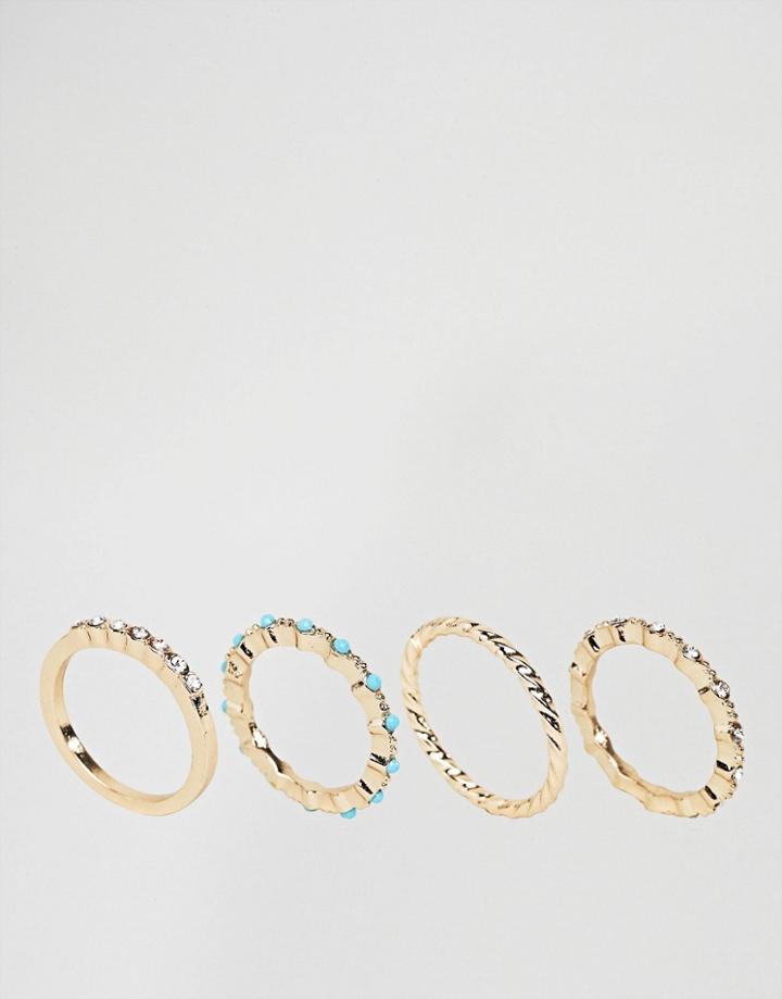 Asos Pack Of 4 Tiny Stone Rings - Gold