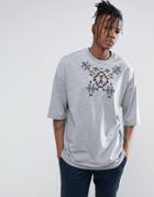 Asos Oversized T-shirt With Geo-tribal Embroidery - Gray