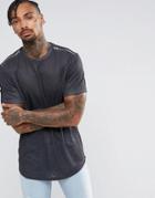 Asos Longline T-shirt In Linen Look With Zips And Curved Hem In Washed Black - Gray