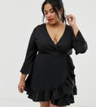 Influence Plus Wrap Dress With Frill Detail-black
